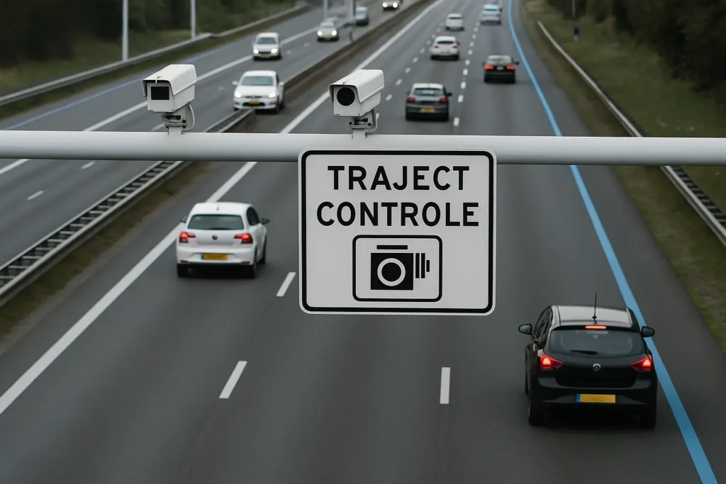 Bord “TRAJECT CONTROLE” en camera’s boven Nederlandse snelweg