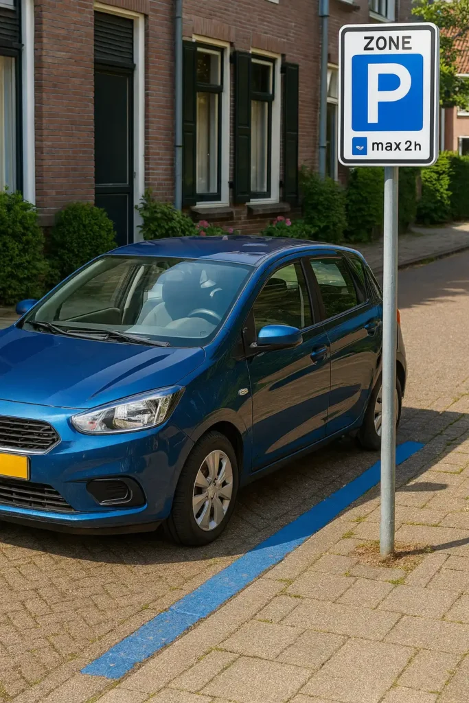 Blauwe hatchback geparkeerd naast blauwe streep en parkeerbord in blauwe zone