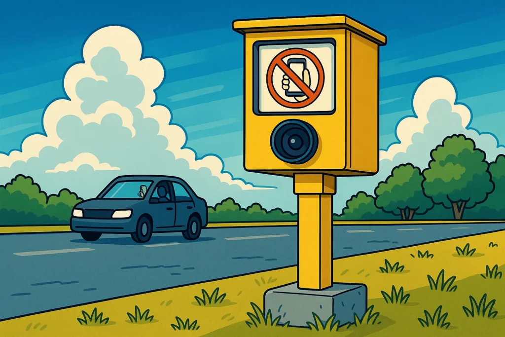 Illustratie van een focusflitser langs de weg met AI-camera
